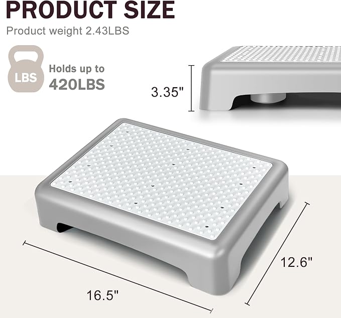 GWNF3.35'' Short Step Stool – 600lb Capacity Ultra-Sturdy Structure & Lightweight Step Stools for Seniors, Kids & Adults | Non-Slip Wide Platform | Mobility Step Stool for Indoor & Outdoor（Grey-White）