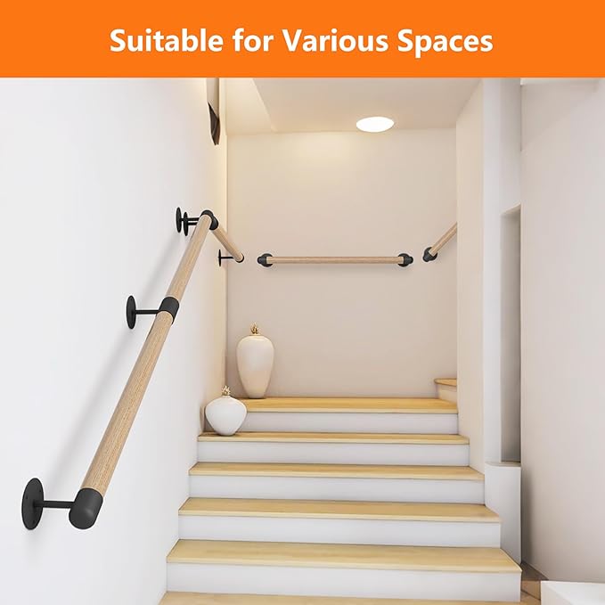 2FT Round Wooden Stair Handrail,Indoor Staircase Handrail,Wall Mount Support Stair Railings, Non-Slip Safety Corridor,Lofts,Patio,Guardrail,Home Wood Hand Railings for Elderly,Children,Disable People