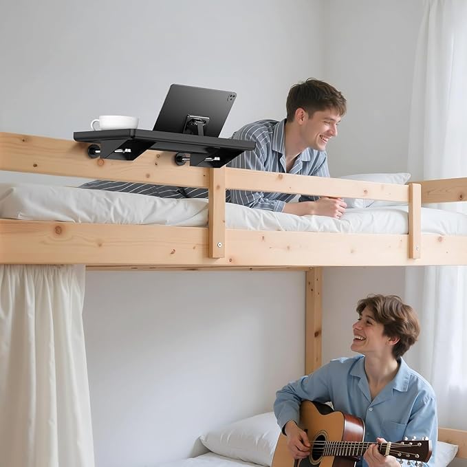 Bedside Shelf for Bunk & Loft Beds – Clip-On Nightstand Tray Organizer, Phone/Tablet Slot & Cable Management – College Dorm Room Essentials for Girls/Guys, Kids & Teens, Top Bunk (Black)