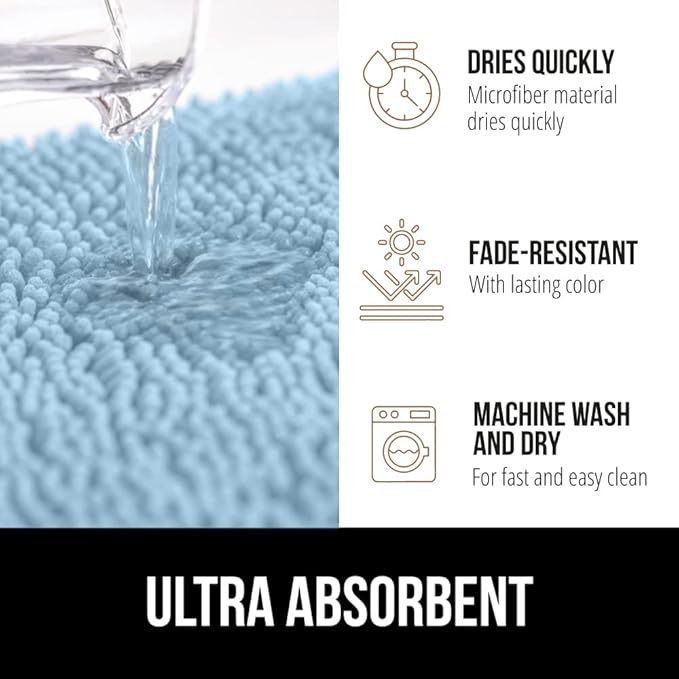 GORILLA GRIP Bath Rug Mat 60x24, Thick Soft Absorbent Chenille, Quick Dry Microfiber Mats, Rubber Backing Machine Washable Shower Floor Rugs, Bathmat Runner, Bathroom Home Decor Accessories, Sky