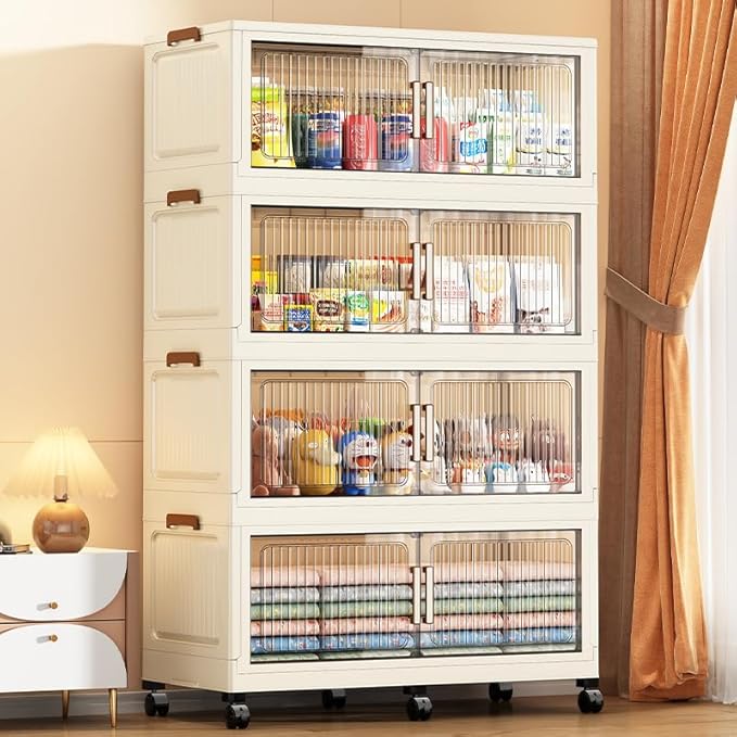 479QT 35.4'' Wide Stackable Storage Bins with Lid,4-Tier Large Foldable Plastic Drawer Storage with Wheels,Closet Organizers and Storage for Living Room, Office, Dorm
