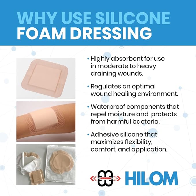 Hilom Silicone Foam Dressing with Adhesive Border 4 in x 10 in (5 Pack) Waterproof Dressing | Moist to Heavily Draining Wounds Including Pressure Ulcer, Burns, or Lacerations | Latex Free