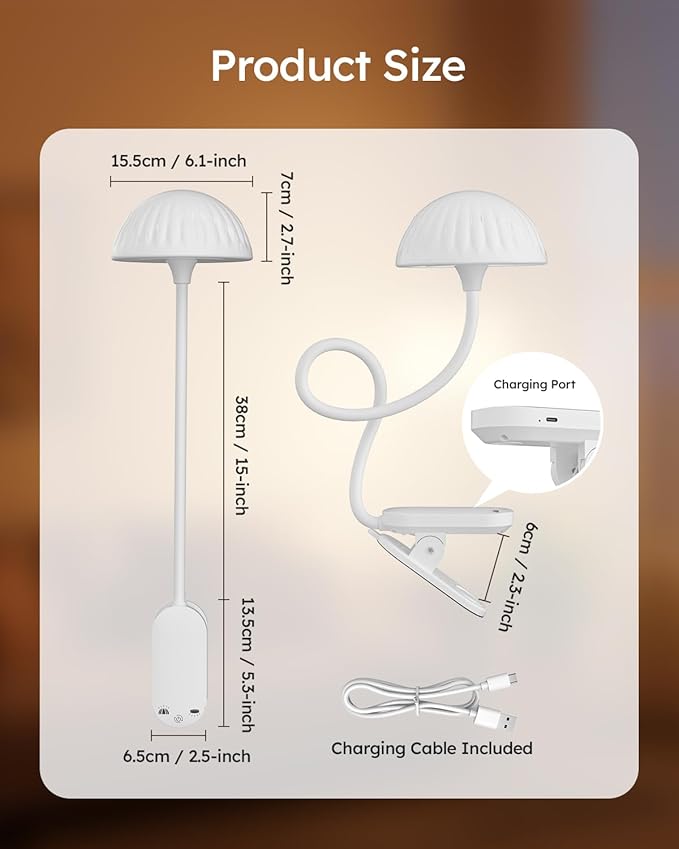 Rechargeable Clip On Lamp, Cordless Touch Control Desk Lamp with RGB Ambient Mode & 3000K–6000K Dimmable Book Reading Light, Portable Gooseneck Lamp Battery Operated Clamp On Table Bedside Headboard