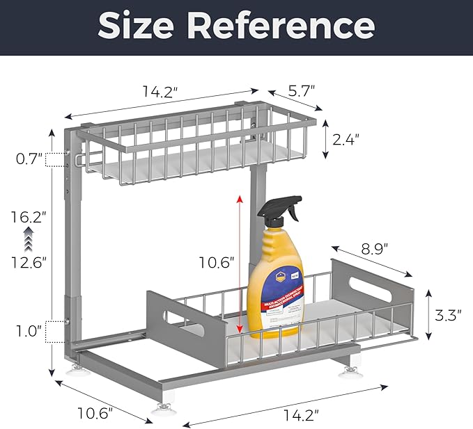 Pro Under Sink Organizer Storage: Premium Metal 2-Tier Pull-Out Wire Basket Organizer, L Shape Height Adjustable, Easy Installation | Kitchen & Bathroom Cabinet Organizers Pack 1