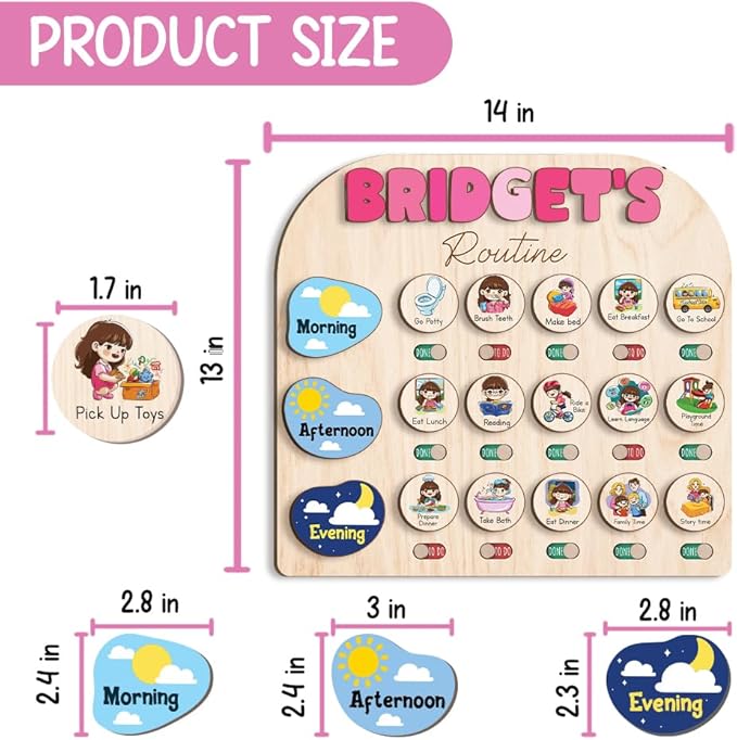 Wooden Chore Chart for Kids Visual Schedule, Routine Chart for Kids, Morning Bedtime Routine Chart for Toddlers Ages 2-4, Daily Kids Schedule Board for Home (17)