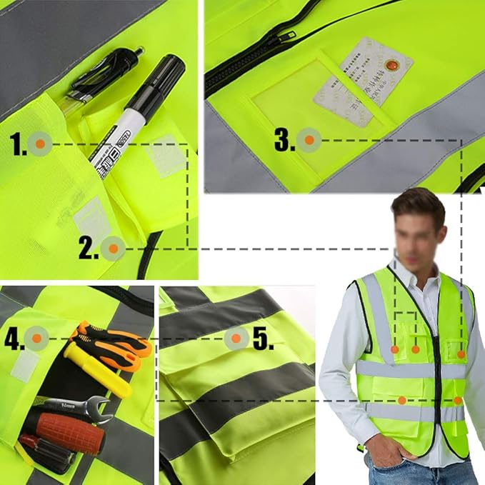 YOWESHOP High Visibility Safety Vest Custom Your Logo Protective Workwear 5 Pockets With Reflective Strips Outdoor Work Vest (Blue (XL))