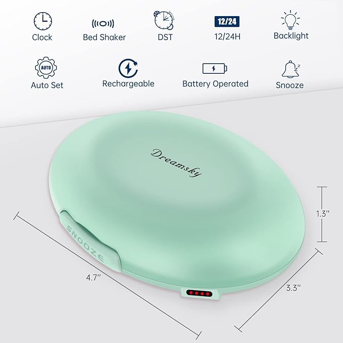 DreamSky Vibrating Alarm Clock for Heavy Sleepers - Auto Set Bed Shaker Alarm Clock Under Pillow for Hearing Impaired, Bedroom, Travel, Rechargeable Battery Operated, Cordless, Auto DST, LCD Backlight