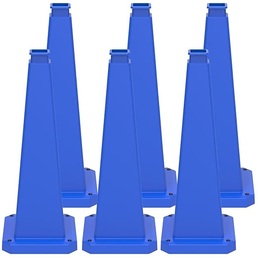 BESEA 6 Pack 36" Bright Blue Traffic Safety Cones with Weighted Base, High-Visibility Parking Cones for Driveways, Business Parking Lots, Garages, Indoor/Outdoor Use