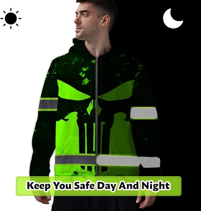 Maddly Hi Vis Reflective Zip Up Hoodie, High Visibility Safety Jacket with Skull Design for runner, worker, trucker, cyclist