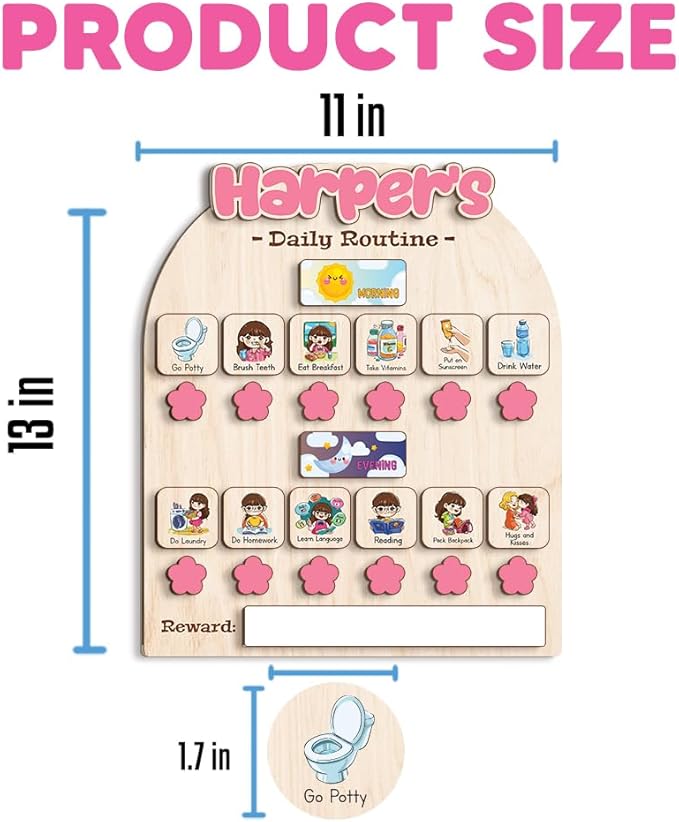 Personalized Wooden Chore Chart for Kids, Daily Routine Chart for Toddlers, Visual Schedule for Kids Age 3-5, Morning Bedtime Routine for Girls (02_1)