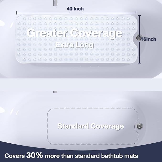 Extra Long Clear Bathtub Mat Non Slip, Soft Bath Mat for Tub 40 x 16 Inch Full Size, Bath Tub Shower Mats for Bathroom Floor with Big Suction Cups and Drain Holes, Easy Washable, BPA Free