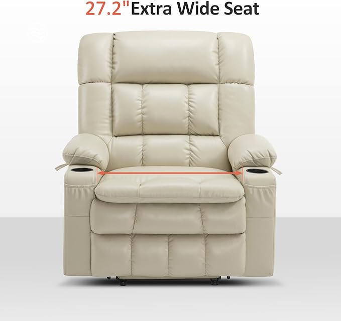 MCombo Dual Motor Power Lift Recliner Chair for Elderly, Lay Flat Lift Chair with Heat and Massage, Oversized Lift Recliner for Big and Tall, Faux Leather R7891 (Cream White, Oversized)