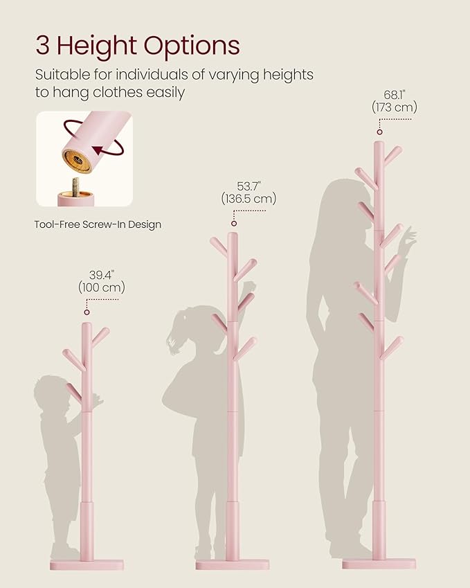 VASAGLE Solid Wood Coat Rack, Free Standing Hall Coat Tree with 8 Hooks, 3 Height Options, for Coats, Hats, Bags, Purses, for Entryway, Hallway, Rubberwood Hooks and Pole, Jelly Pink URCR010R01