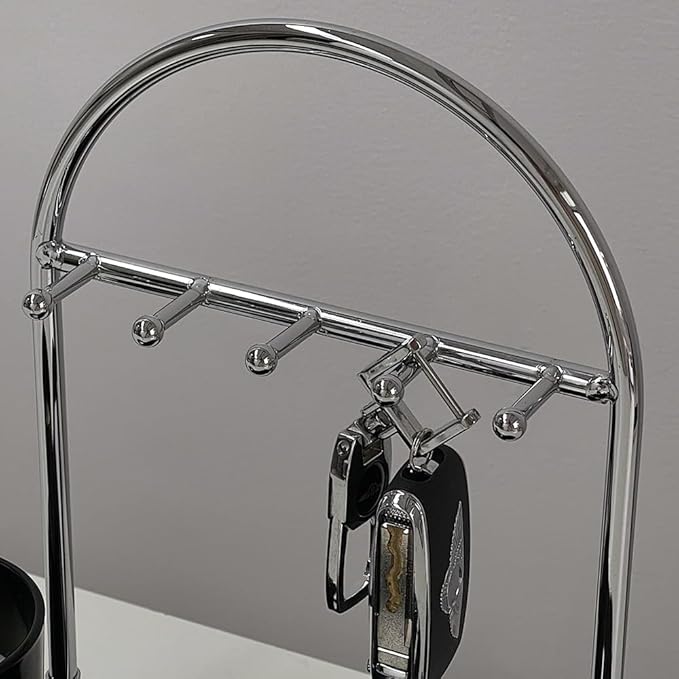 Shinpuru Metal Jewelry Organizer Stand & Key Holder Tray with Acrylic Base, Key Stand and Jewelry Tray with 5 Hooks, Perfect Key Bowl, Valet Key Tray, Ring Holder, Jewelry Dish (Silver Black)