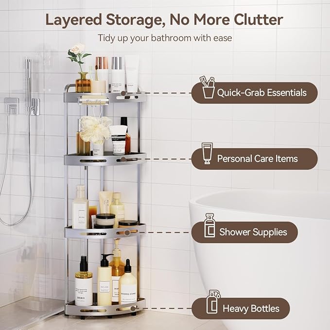 Corner Shower Caddy Stand, 4 Tier Rustproof Standing Shower Organizer with Soap Holder, Aluminum Shower Shelf for Bathroom Storage, Silver