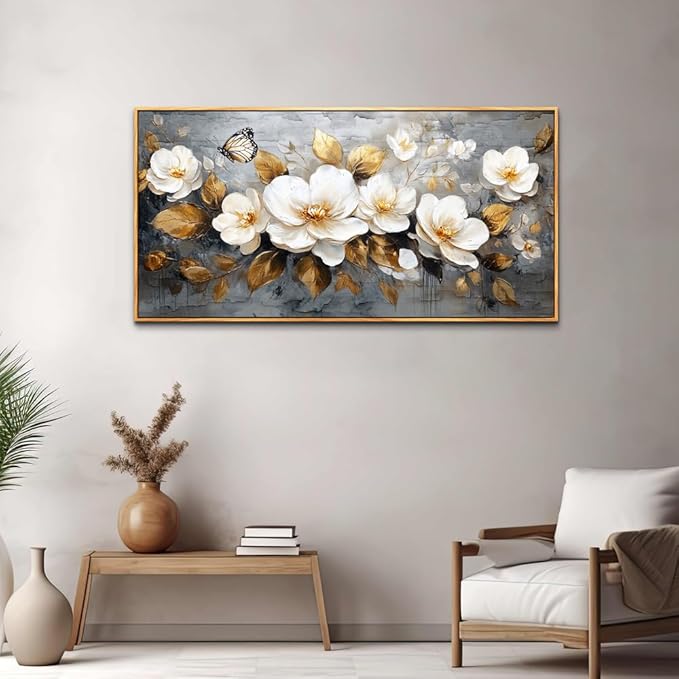 FUHAIHUA Wood Framed Canvas Wall Art For Living Room Large Wall Decor For Office Bedroom Decoration White Flower Pictures Farmhouse Painting Artwork Room Wall Mural Aesthetic Home Decor 30x60
