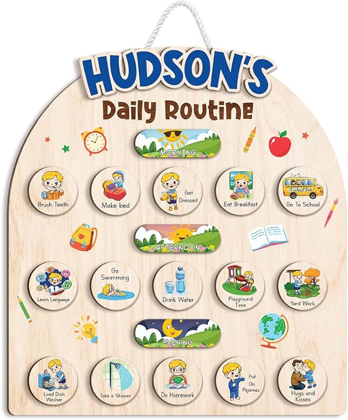 Wooden Chore Chart for Boys, Daily Routine Chart for Kids, Visual Schedule, Chore Reward Chart, Bedtime Morning Routine Chart for Toddlers (05)