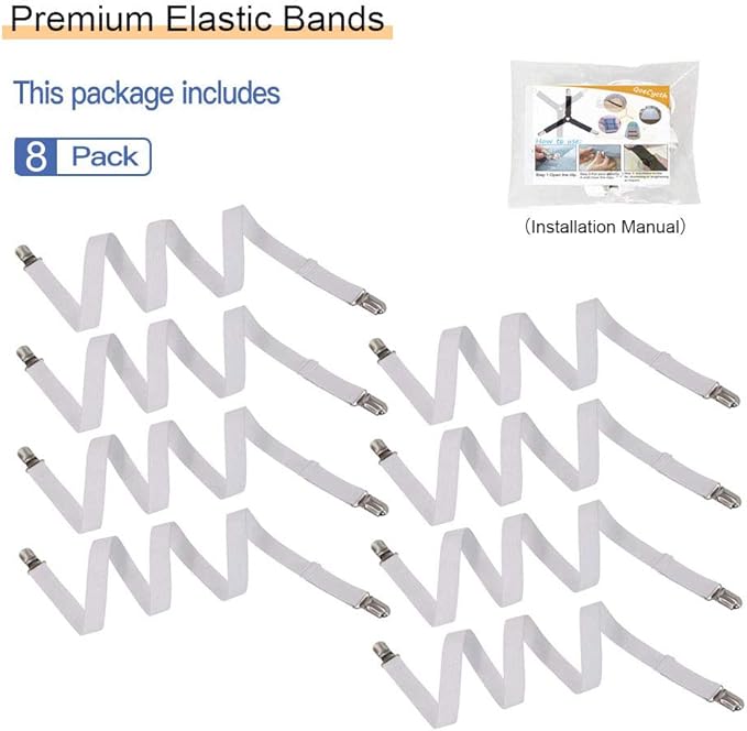 8Pcs Adjustable Bed Sheet Straps Clips, Elastic Mattress Sheet Fasteners Holder and Suspenders, Grippers to Hold Sheet, Mattress, Sofa, Couch, Table Cloth, Recliner Ironing Board Cover and More