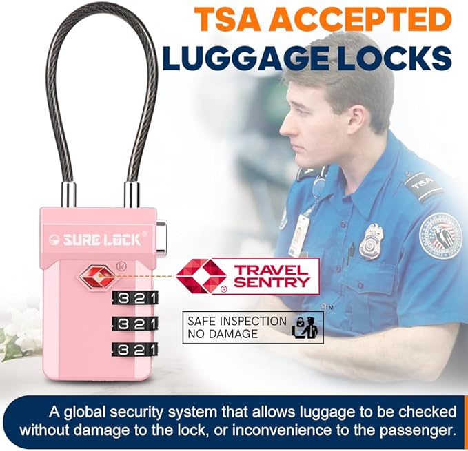 SURE LOCK TSA Approved 3-Digit Combination Luggage Locks – Open Alert Indicator, Re-settable Code with Zinc Alloy Body, Easy-Read Dials for Suitcase, Backpack, Gym Locker & Toolbox (Multiple Colors)