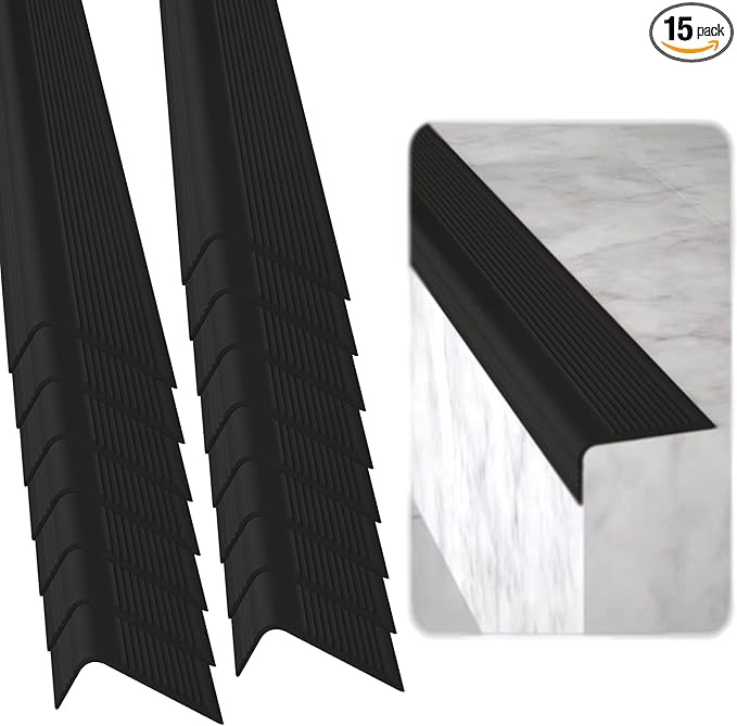 Rubber Bond Stair Edge Protector (Pack of 15) 36x2x1 inch Anti-Slip Stair Corner Trim Rubber Strips - Waterproof Self-Adhesive Staircases for Outdoor & Indoor Uses | Protect Kids & Pets - Black