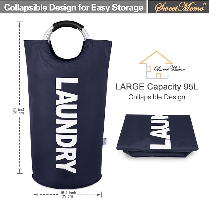 Large Laundry Basket Collapsible，Freestanding Clothes Hamper Bag with Handles – Tall Folding Dirty Laundry Bin，Sturdy Laundry Sorter for College Dorm，Laundry Room – 95L (Navy Blue)