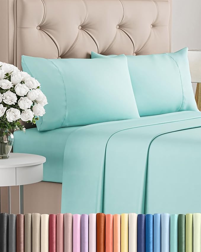 Twin XL 4 Piece Sheet Set - Cooling & Breathable Bed Sheets - Hotel Luxury Bed Sheets for Women, Men, Kids & Teens - Bedding w/Deep Pockets & Easy Fit - Soft & Wrinkle Free - Twin XL Spa Blue Sheets