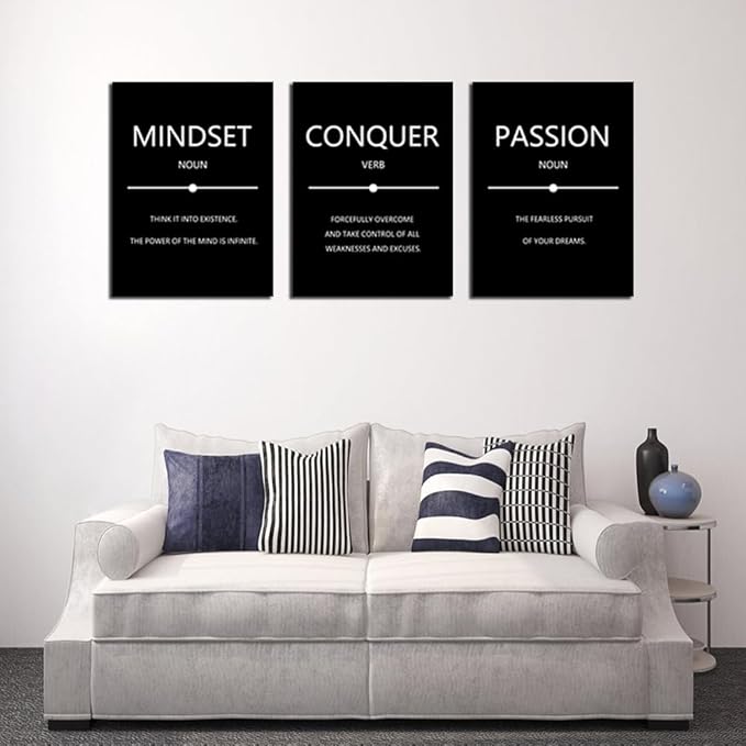 Unbruvo Motivational Wall Decor for Office, 3 Pieces Inspirational Canvas Wall Art, Mindset Passion Conquer Canvas Poster, Positive Quotes for Entrepreneur Meeting Room Lobby Bedroom(72''Wx 36''H)
