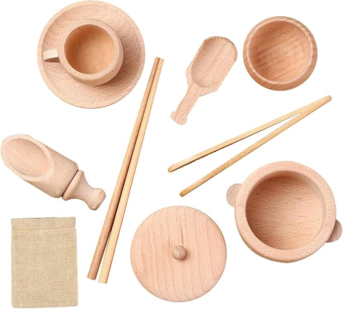 Sensory Bin Tools, Toys, Set of 8 Wooden Scoops and Wooden Tongs, Fine Motor Learning Toy for Children Kids Aged 3 and Up
