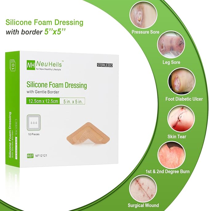 NeuHeils Silicone Foam Dressing with Gentle Border 5''x5'', 10 Pack for Bed Sore Leg Ulcer, High Absorbency Large Waterproof Silicone Adhesive Wound Bandages Patches