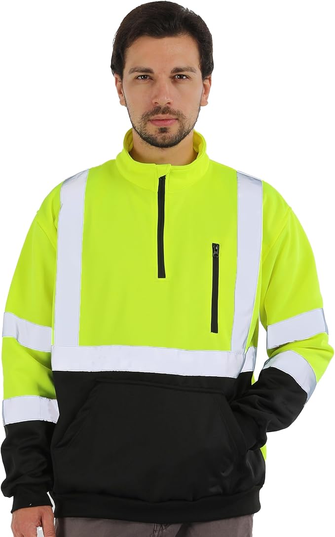 sesafety Work Safety Sweater High Visibility Construction,Class 3 Hi Vis Reflective Sweatshirt for Men,1/4 Zip,Pullover
