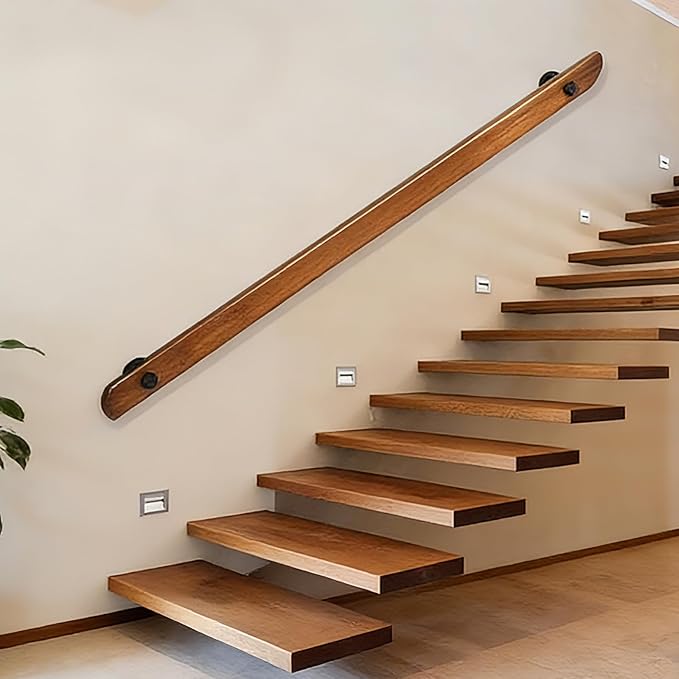 Wood Handrails, Indoor Non-Slip Staircase Handrail,Retro Rustic Wall Mount Railings Handrails, Home Loft Corridor Support Rod,Industrial Pipe Support, Easy to Install (Dark Wood, 7FT)