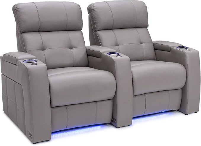 Seatcraft Kodiak Zero-Gravity CoolZero Italian Leather Home Theater Seating, Powered Headrest, Powered Lumbar, Powered Recline, Row of 2, Gray