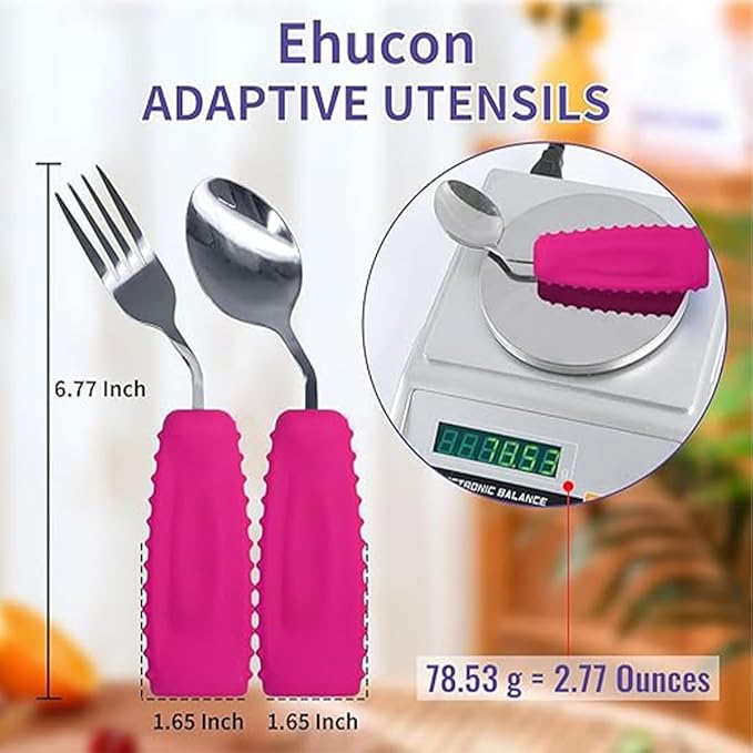 Adaptive Utensils,Weighted Angled Silverware,Parkinsons Aids,Curved Non-Slip Easy Grip Spoon and Fork Set for Tremors,Disabled,Handicap,Elderly,Arthritis (Right Hand,Pack of 2,Rose Pink)