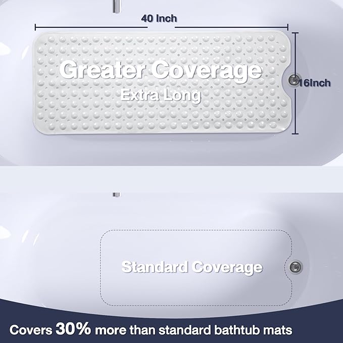Extra Long White Bathtub Mat Non Slip, Soft Bath Mat for Tub 40 x 16 Inch Full Size, Bath Tub Shower Mats for Bathroom Floor, Big Suction Cups and Drain Holes, Easy Washable, BPA Free