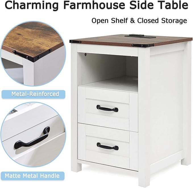 White Night Stand Set of 2, Rustic End Table with Charging Station, Farmhouse Tall Nightstand for Bedroom, Drawer Dresser Bedside Table with Open Storage Shelf