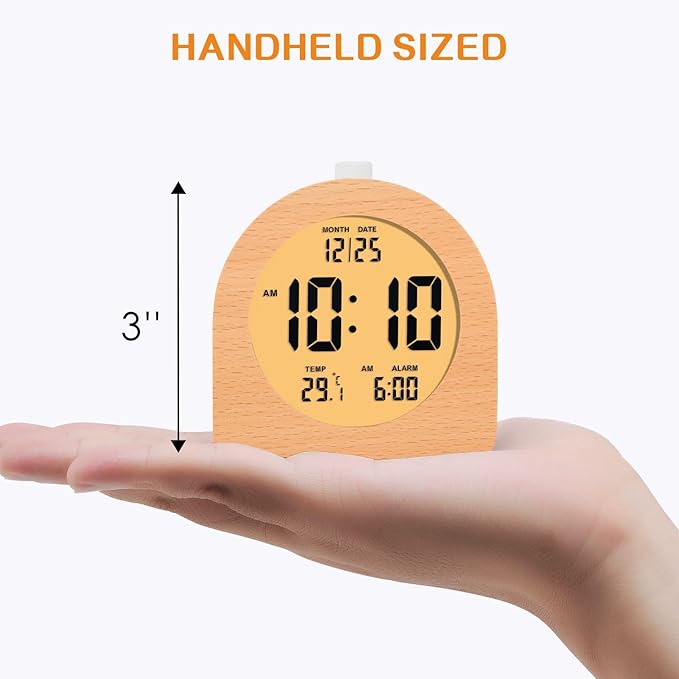Plumeet Wooden Digital Alarm Clock for Bedrooms, Wood 4'' Battery Powered Alarm Clock with Snooze and Nightlight, Electronic LCD Desk Clock Display Time, Date, Temp, 12/24H, Wood Décor, Round, Brown