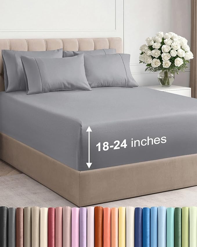 Extra Deep Queen Sheet Set - 6 Piece Breathable & Cooling Sheets - Hotel Luxury Bed Sheets Set - Easy & Secure Fit - Soft, Wrinkle Free & Comfy Sheets Set - Steel Blue Sheet Set w/Extra Deep Pockets