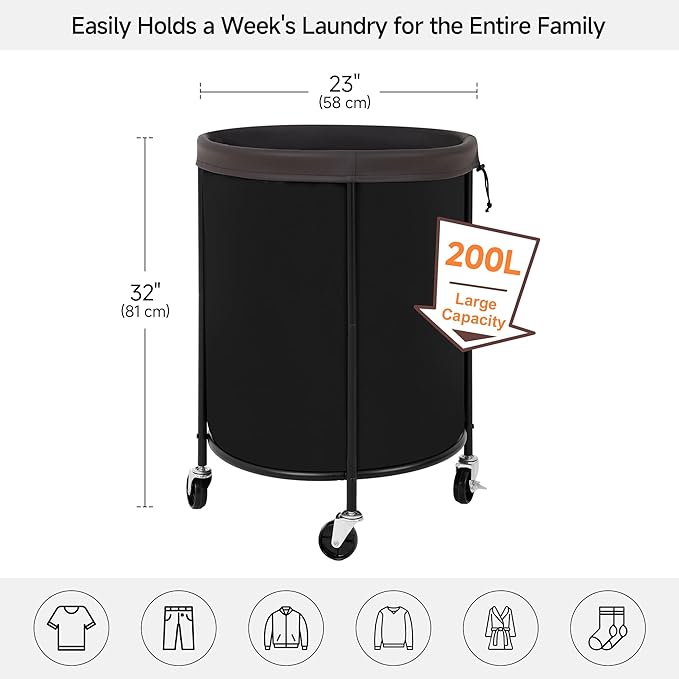 StorageWorks 52.8-Gallon(200L) Rolling Laundry Hamper, Heavy-Duty Round Laundry Basket with Wheels and Removable Bag, Hamper for Laundry Room Organization and Storage, Bathroom, Bedroom, Black