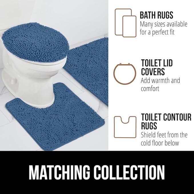 GORILLA GRIP Plush Absorbent Shaggy Chenille Bath Rug Mat for Oval Toilet Base with Rubber Backing, Machine Washable Rugs, Soft Microfiber Contour Mats for Toilets, Bathroom Decor, Blue