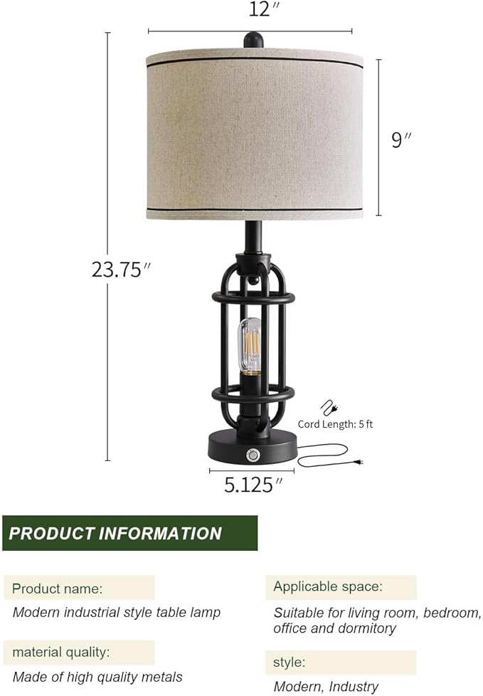 23.75'' Industrial Black Metal Table Lamps Living Room Lamp for Nightstand Bedroom lamp Single Bedside End Side Table Lamps Home Decor Touch Lamp Modern Lamps with USB Ports, Bulbs Included