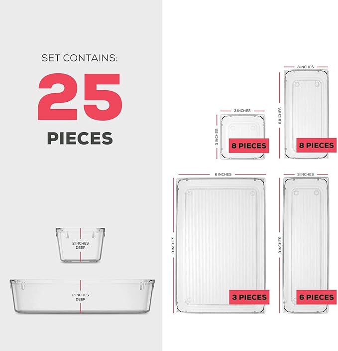 25 PCS Clear Plastic Drawer Organizers Set, 4-Size Versatile Bathroom and Vanity Drawer Organizer Trays, Storage Bins for Makeup, Bedroom, Kitchen Gadgets Utensils and Office Accessories