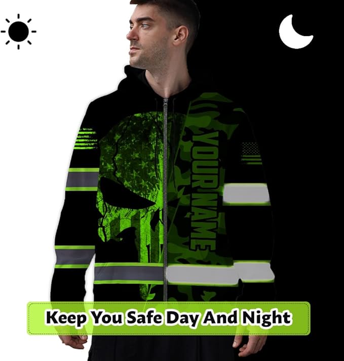 Maddly Hi Vis Reflective Zip Up Hoodie, High Visibility Safety Jacket with Skull Design for runner, worker, trucker, cyclist