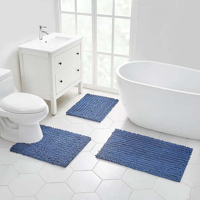 Walensee Bathroom Rug Non Slip Bath Mat (32x20 Dark Blue) Water Absorbent Super Soft Shaggy Chenille Machine Washable Dry Extra Thick Perfect Absorbant Best Large Plush Carpet for Shower Floor