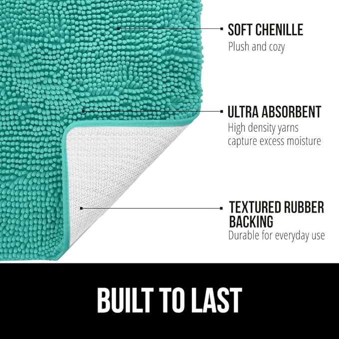 GORILLA GRIP Bath Rug Mat 36x24, Soft Absorbent Chenille, Quick Dry Microfiber Mats, Rubber Backing Washable Shower Floor Rugs, Bathmat Runner, US Designed Bathroom Home Decor Accessories Turquoise
