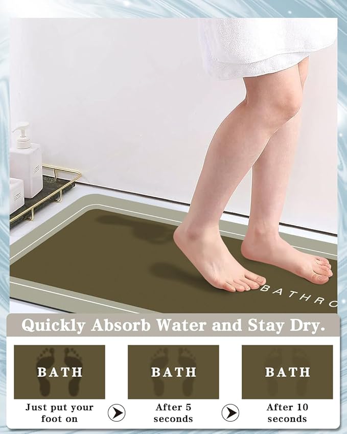 Bath Mat, Bathroom Mat Rugs Super Absorbent Shower Mats Non Slip Quick Dry Thin Rubber Mats for Bathroom Floor Fit Under Door, Shower Rug for Bathtub, Shower, Brown