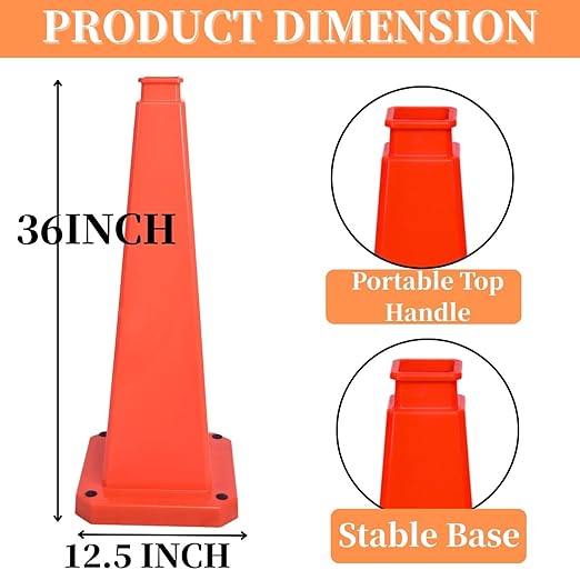 BESEA 6 Pack 36" Bright Orange Traffic Safety Cones with Weighted Base, High-Visibility Parking Cones for Driveways, Business Parking Lots, Garages, Indoor/Outdoor Use