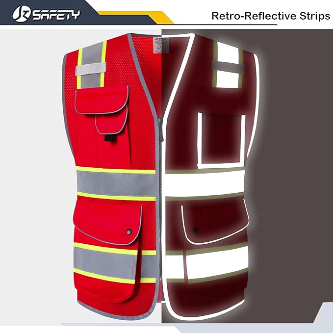 JKSafety 9 Pockets Hi-Vis Neon Red Zipper Front MESH Safety Vest with Fluorescent Yellow Extend Edge outlining the Reflective Tapes Meet ANSI/ISEA Class 2 Standard (100-Red, Medium)