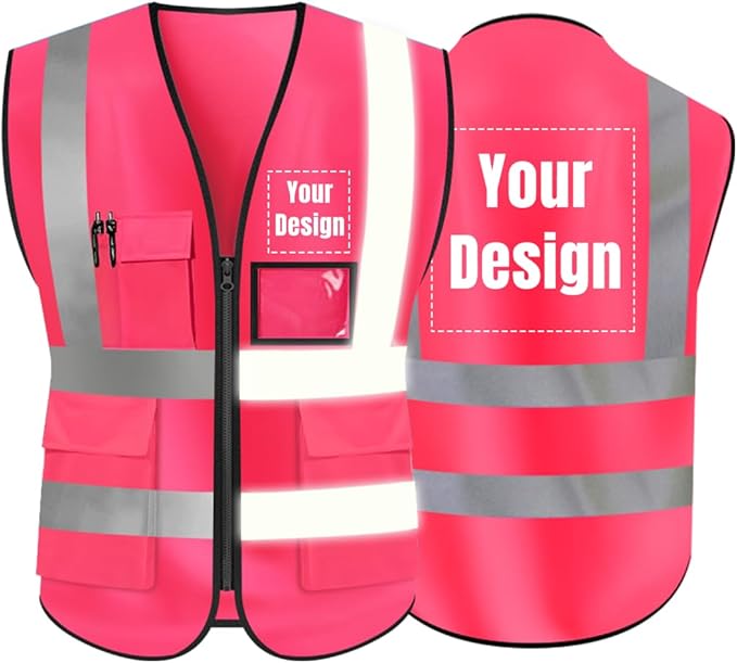 YOWESHOP High Visibility Safety Vest Custom Your Logo Protective Workwear 5 Pockets With Reflective Strips Outdoor Work Vest (Pink (3XL))