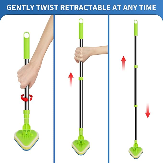 2 in 1 Scrub Cleaning Brush with 37” Long Extendable Handle,1 Stiff Bristle and 3 Sponge Brushes, Lightweigh Detachable Shower Scrubber for Cleaning Bathroom Shower Bathtub Glass Tile Floor