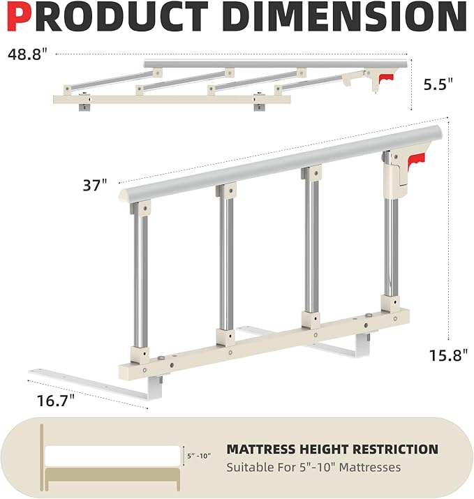 Bed Rails for Elderly Adults Safety, Folding Bedside Assist Rail Handle, Collapsible Bed Fence Preventing Falling for King, Queen, Full, Twin